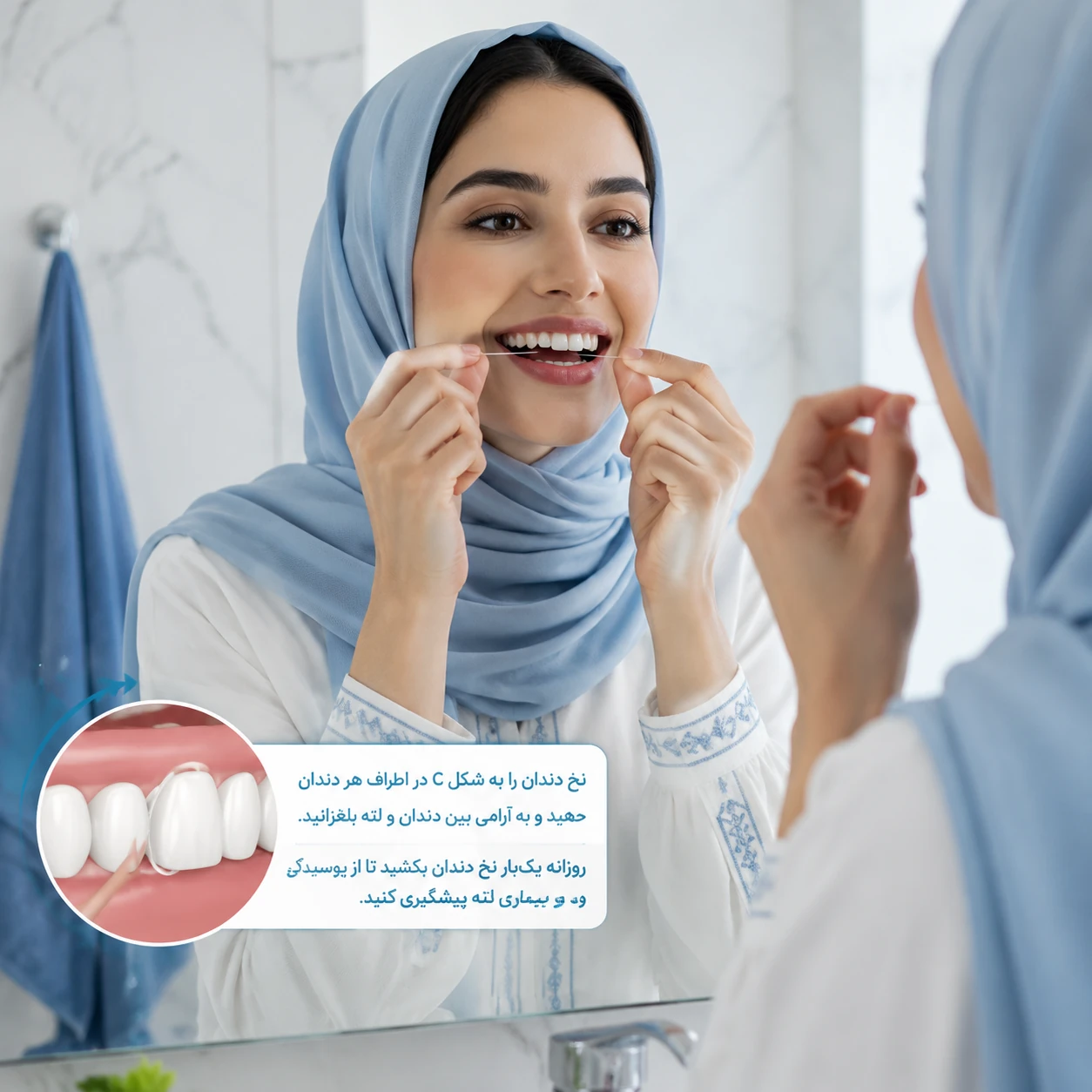 استفاده از نخ دندان برای تمیز کردن فاصلهٔ بین دندان‌ها در تصویر آموزشی رسانهٔ سایت